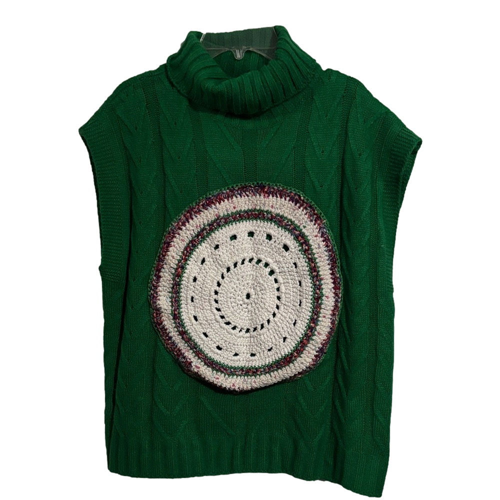 Upcycled Green Cable Knit Sweater Vest with Crochet/Doily Detail Size M